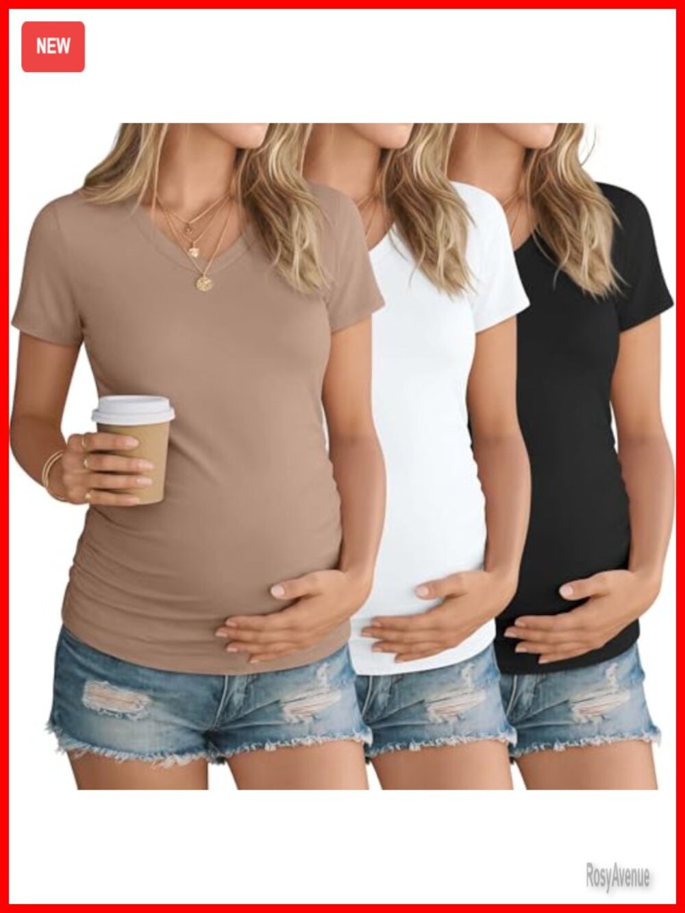 3 Pack Maternity Shirts V Neck Cotton Blend Side Ruched Pregnancy Tops